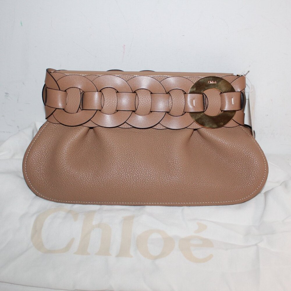 NWT Chloe Darryl Clutch Frame Handbag Bag Cement Brown